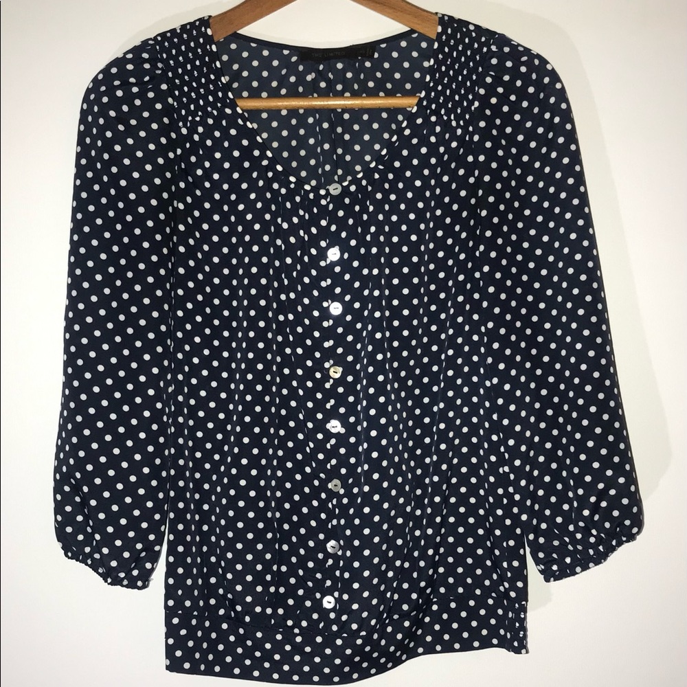 The Limited, navy blue polka dot blouse.